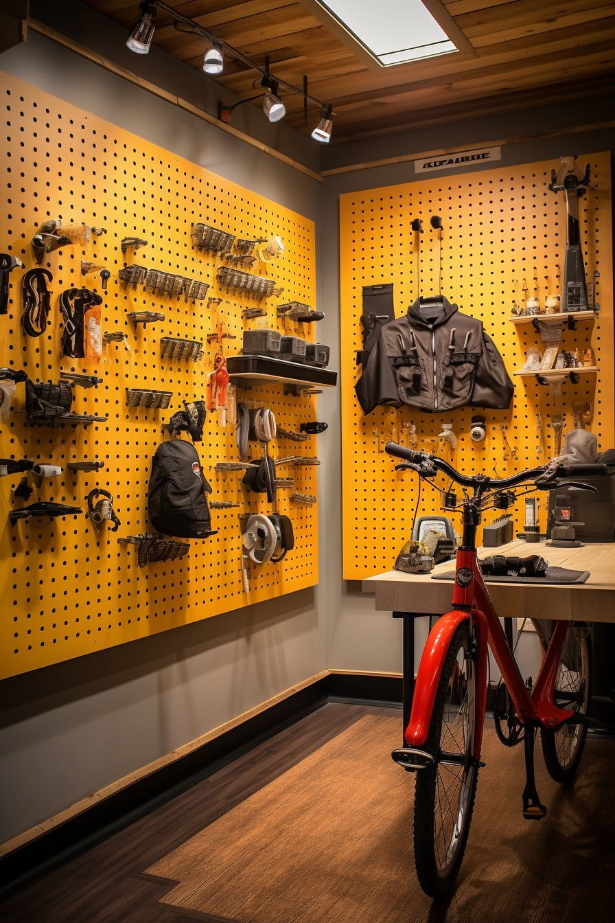 bike repair area with pegboard storage