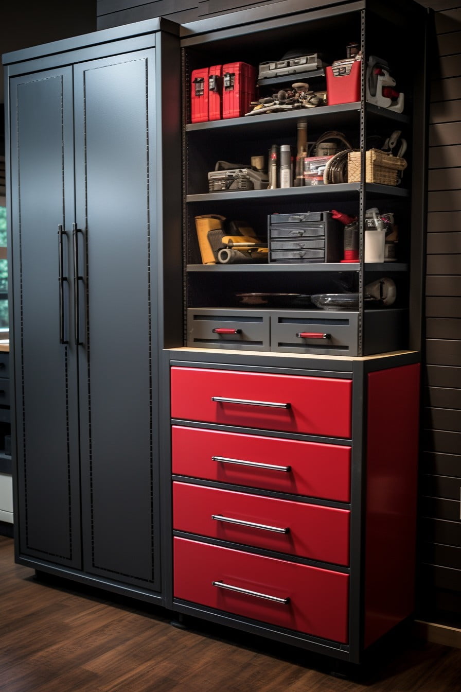 cabinets with shelves and drawers