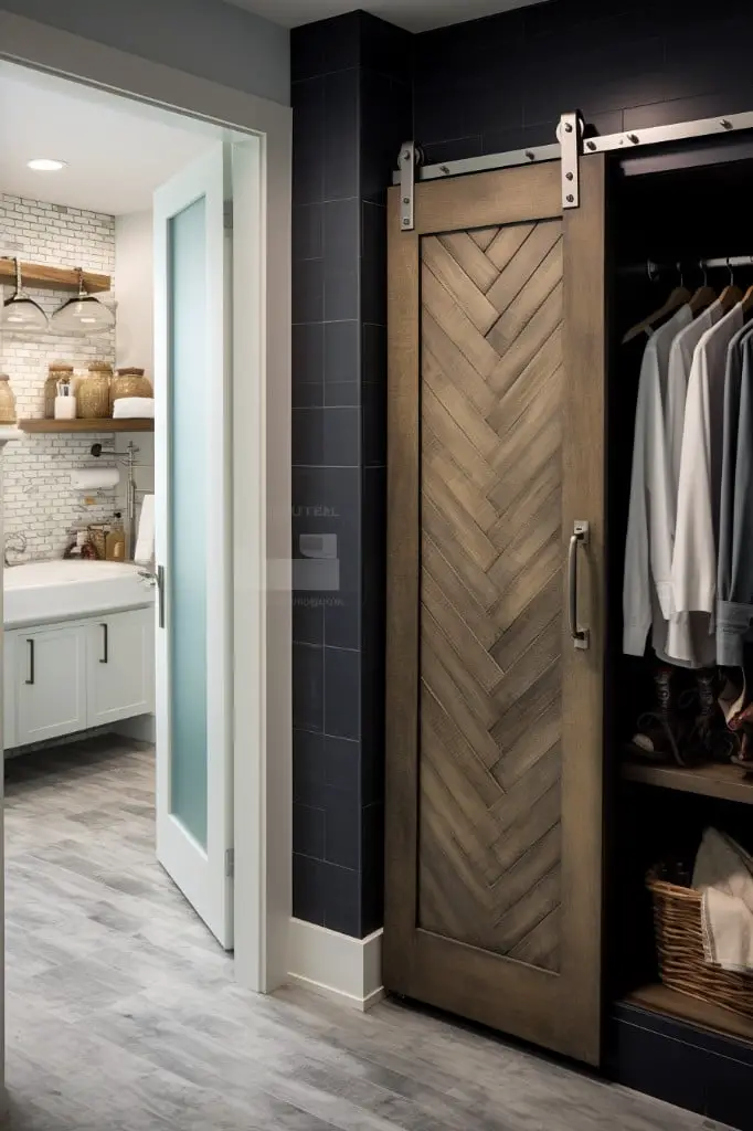 compact mudroom with sliding barn door