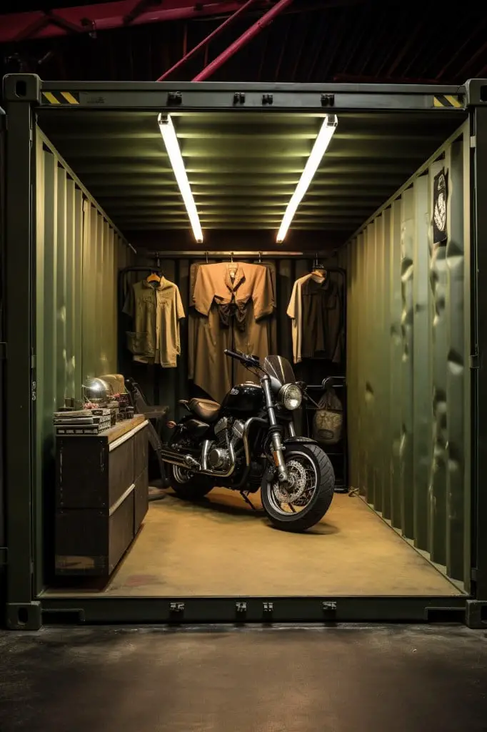 convert a shipping container into a secluded motorcycle garage