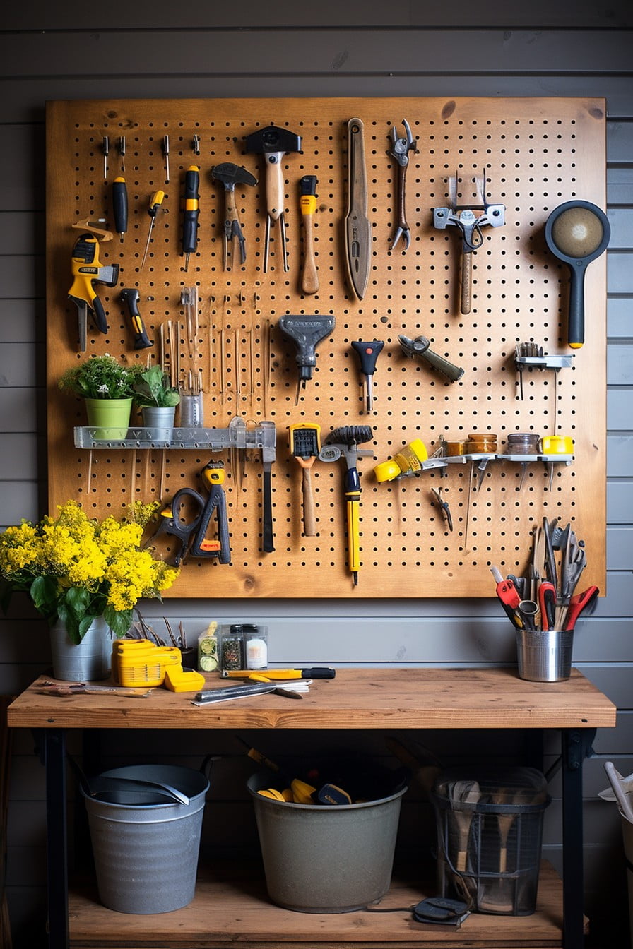 diy station with woodworking tools on a pegboard