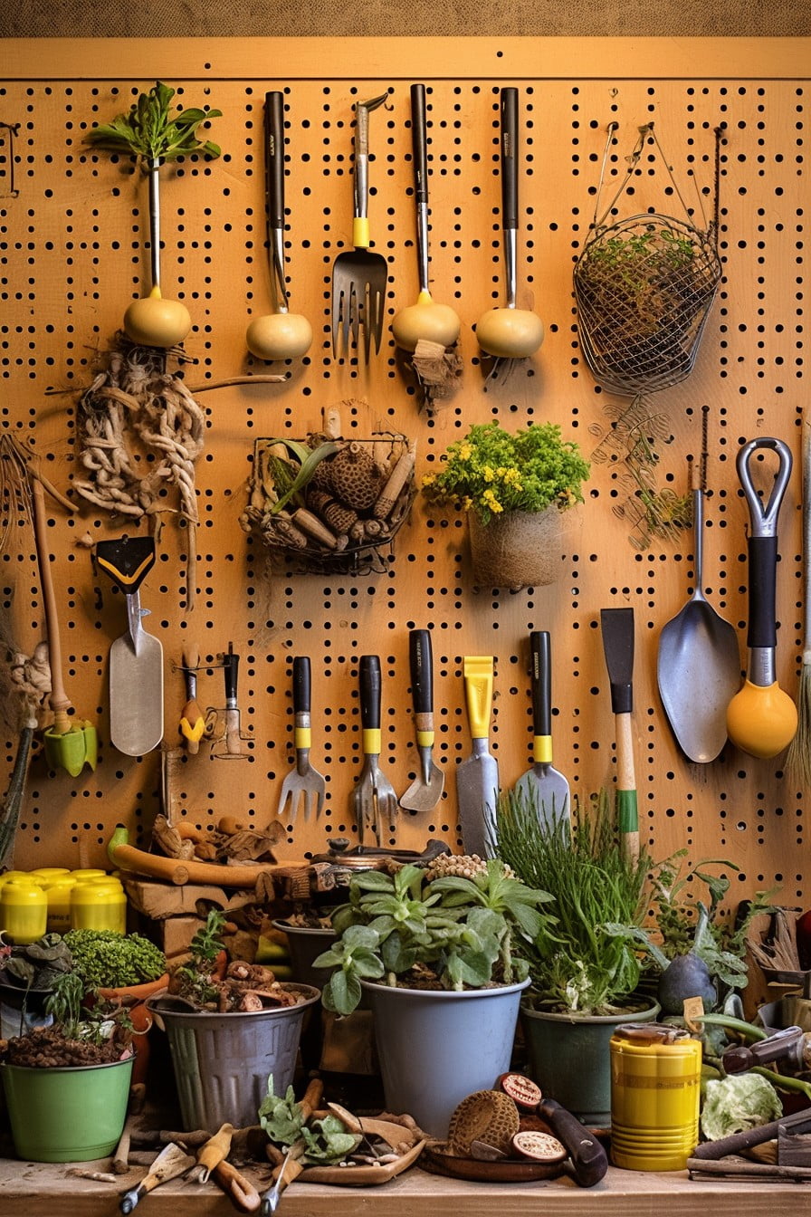 gardening tool pegboard arrangement