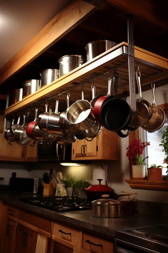 install overhead storage racks for pots and pans