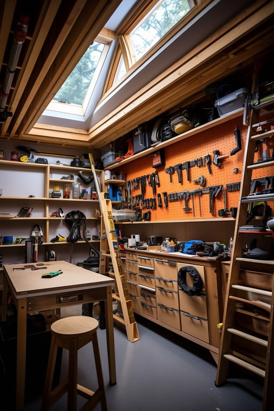 overhead pegboard storage for lesser used items