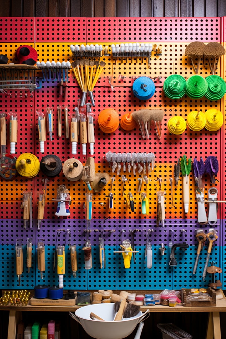 painted pegboard for colorful garage organization