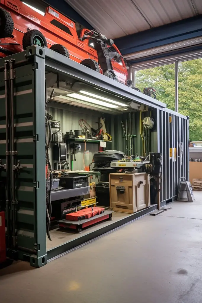partitioned container for a garageworkshop combination