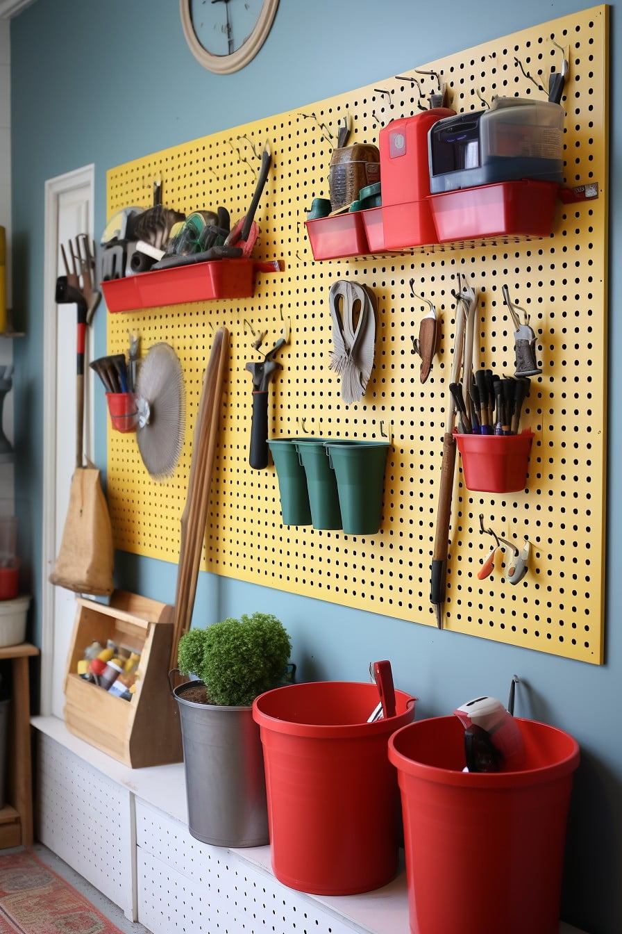 pegboard wall with movable hooks and bins