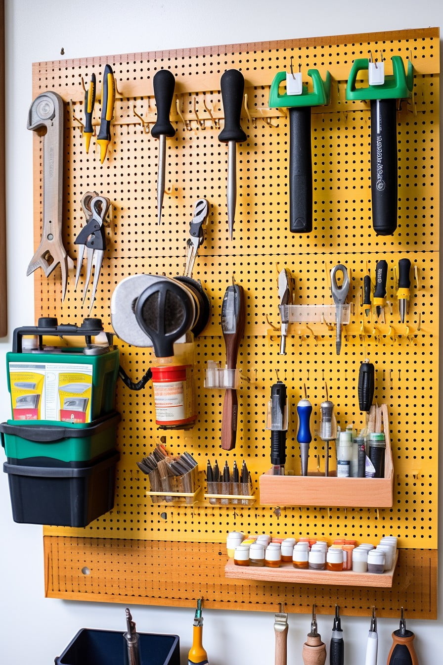 pegboard with labeled hooks for tool organization