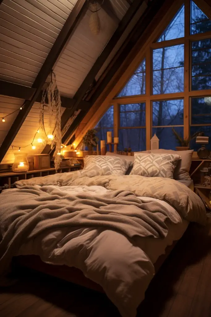 sleeping loft with cozy bedding