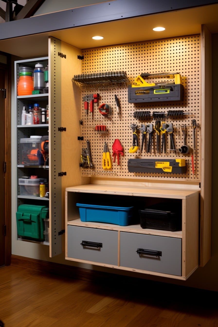 use pegboard inside garage cabinets