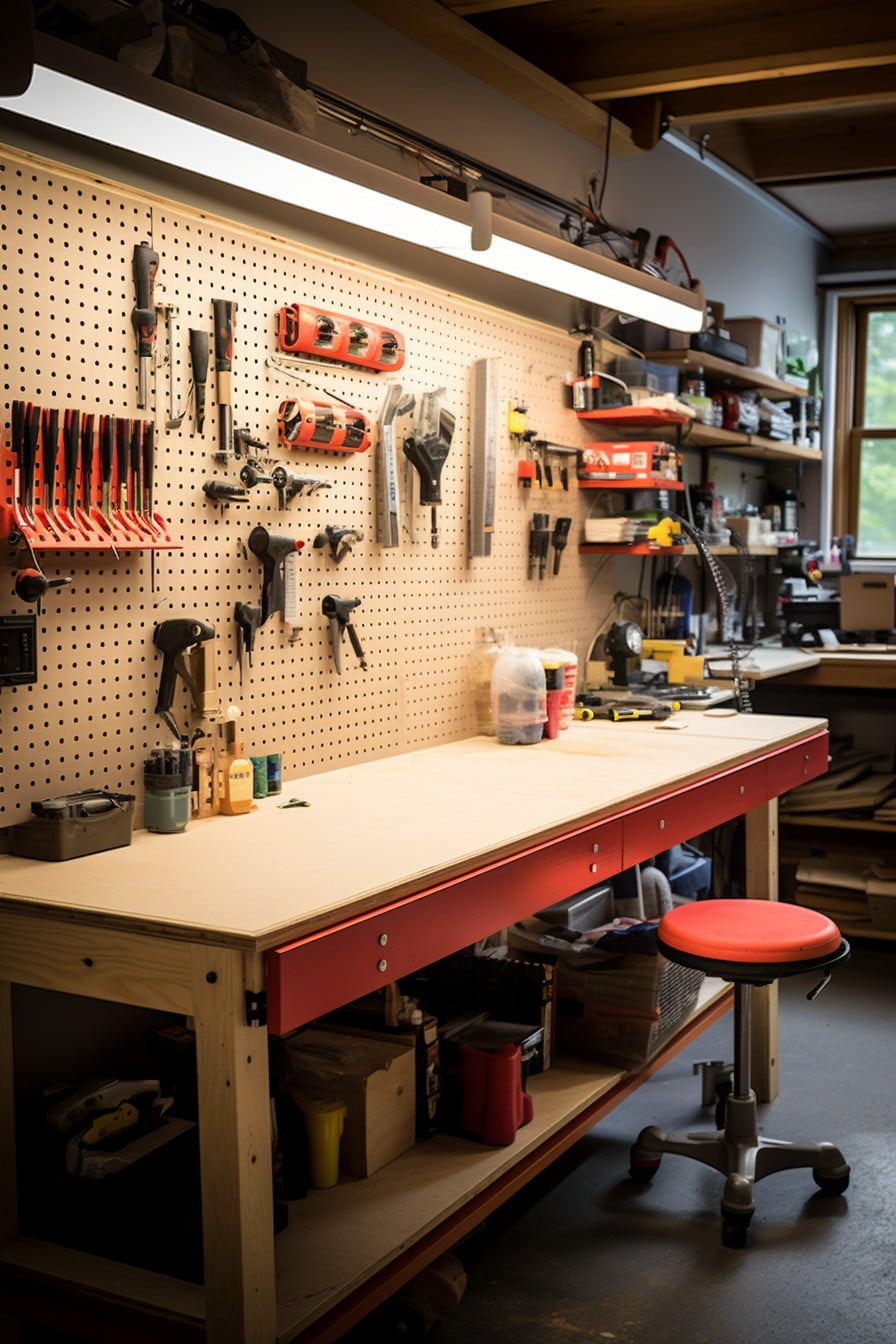 workbench pegboard with attached lighting