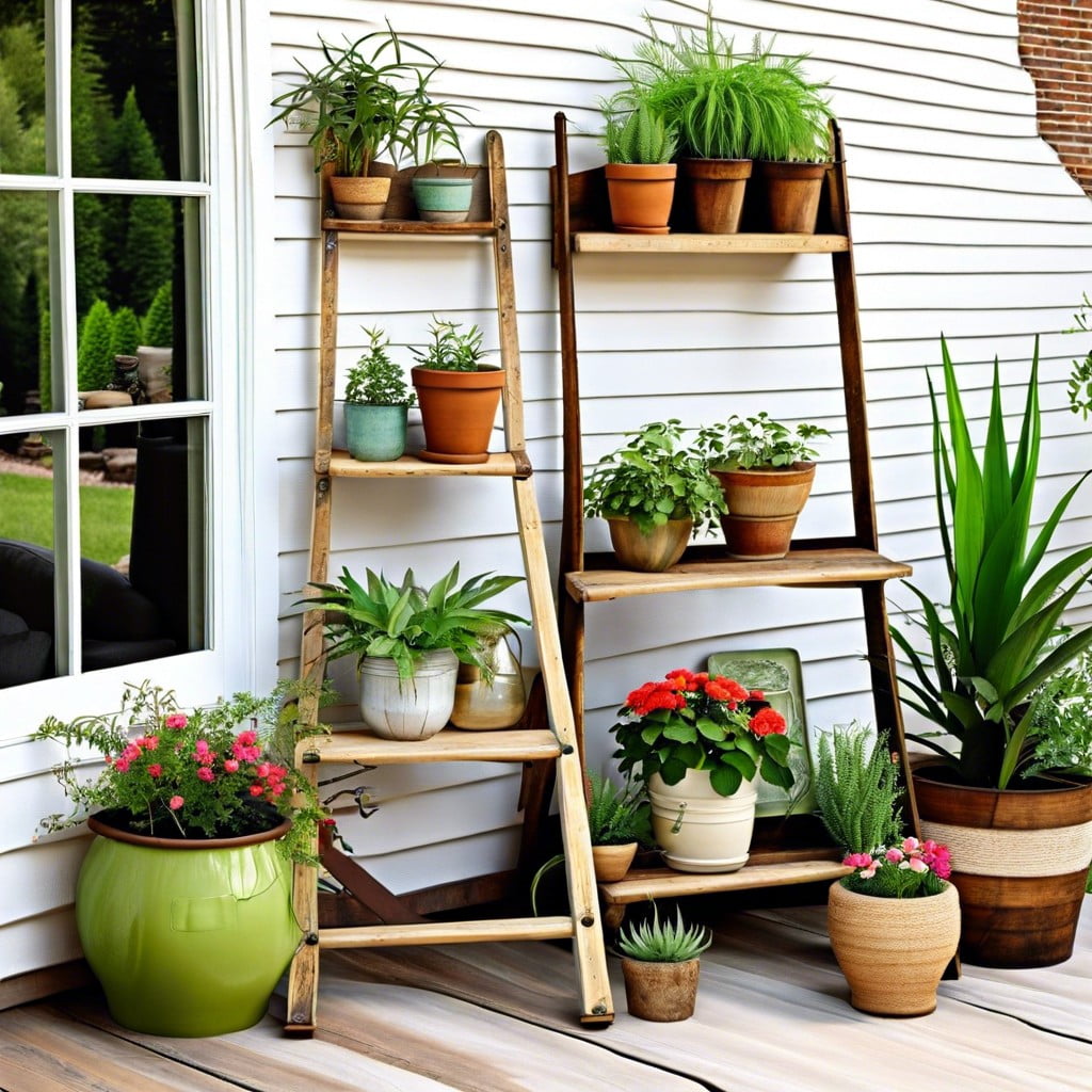 repurpose old wooden ladders as plant stands