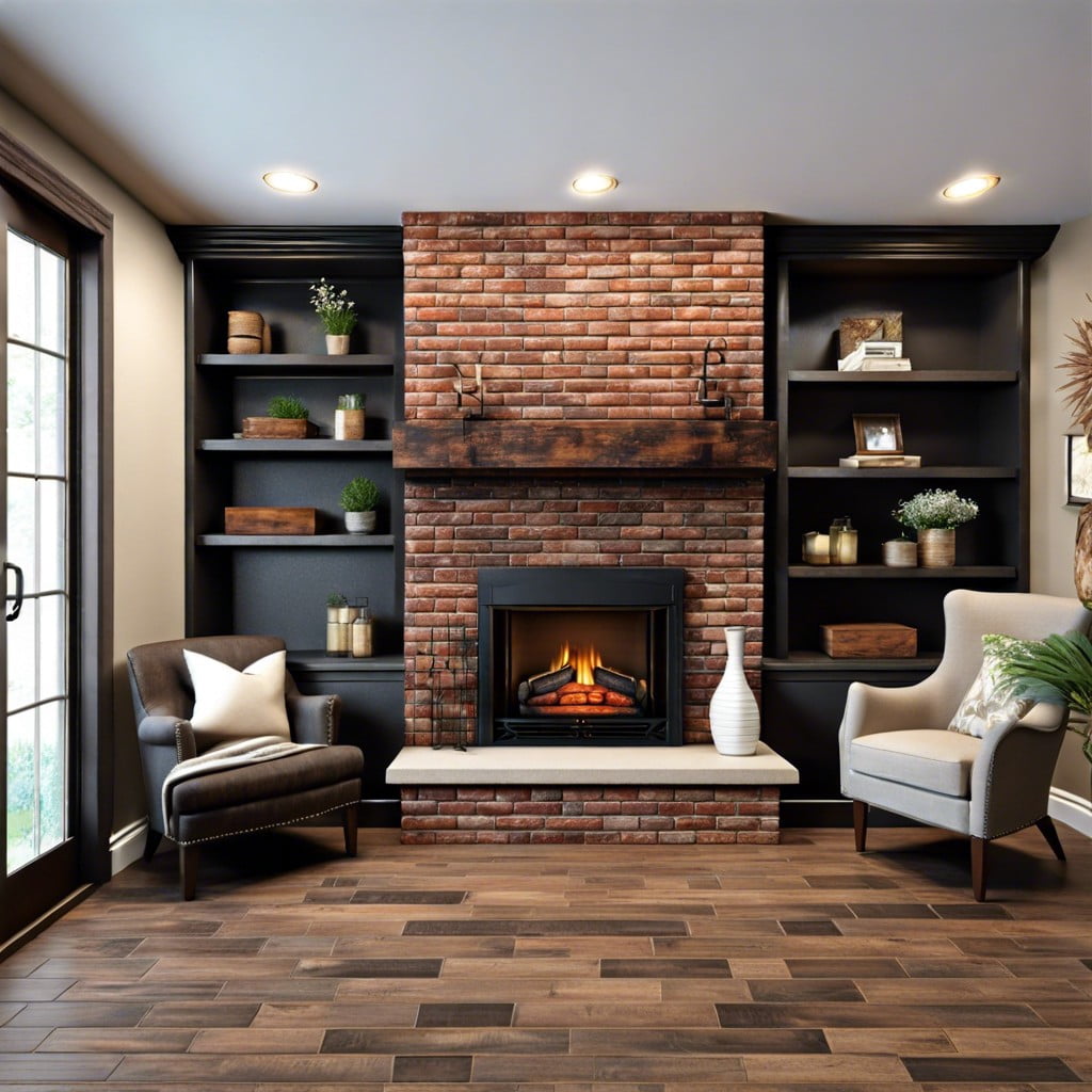 brickwork fireplace with dark stain