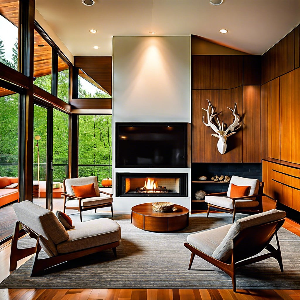 dramatic wall to ceiling mid century fireplaces