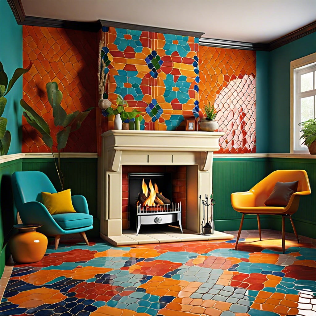 fireplace with bold colored tiles