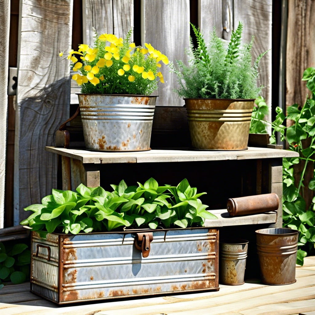 weathered tin toolbox planters