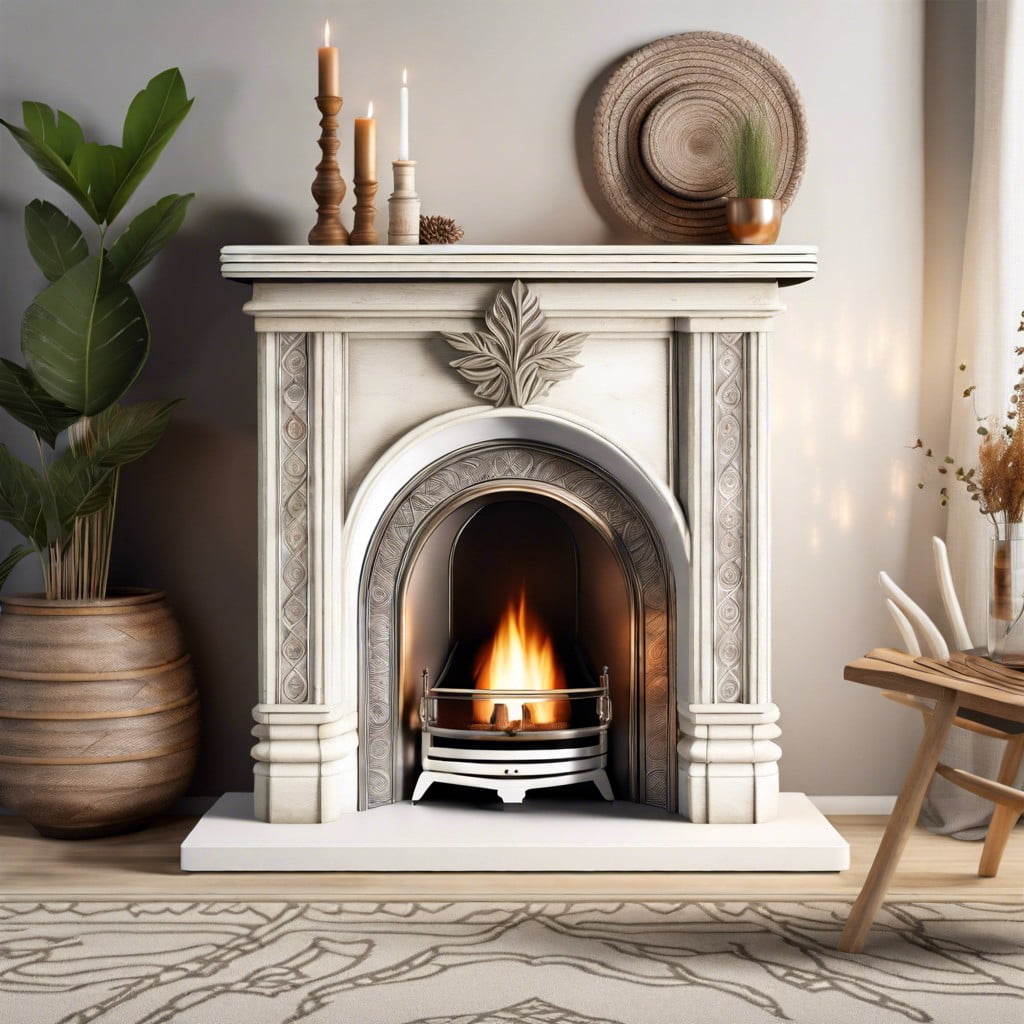 whitewashed fireplace in boho style