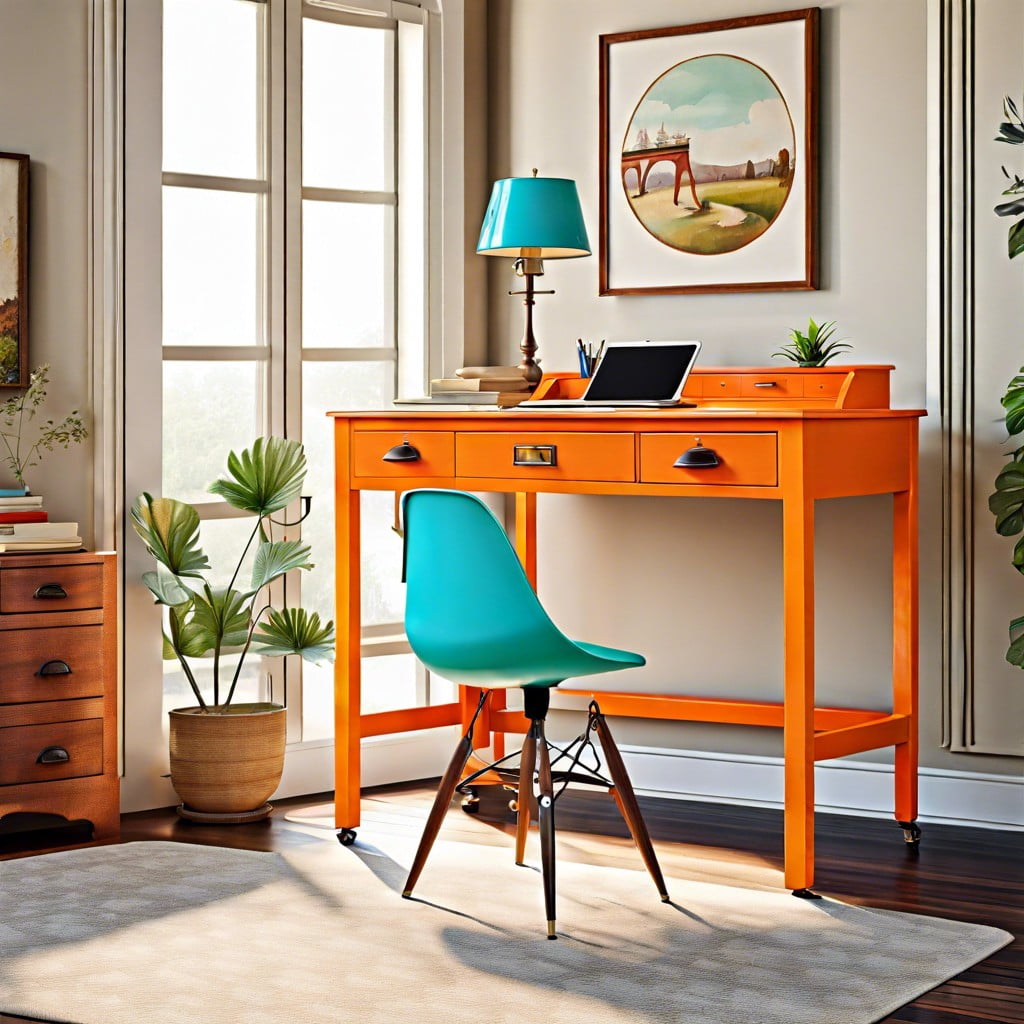a brightly colored vintage desk as the centerpiece in a neutral colored room