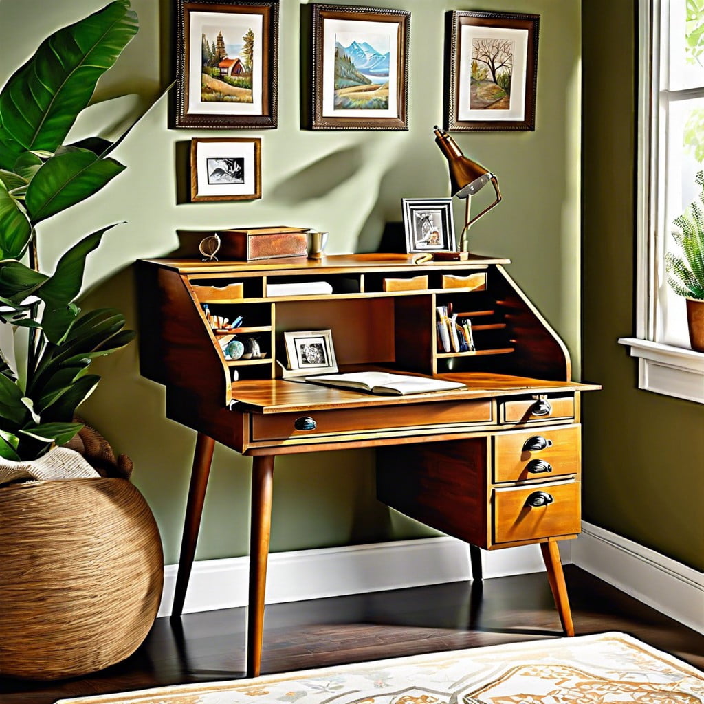 a vintage desk transformed into an art table in a creativity corner