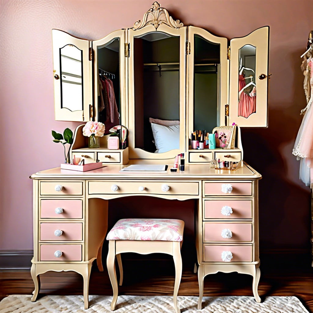 a vintage wooden desk turned into a vanity in a feminine bedroom