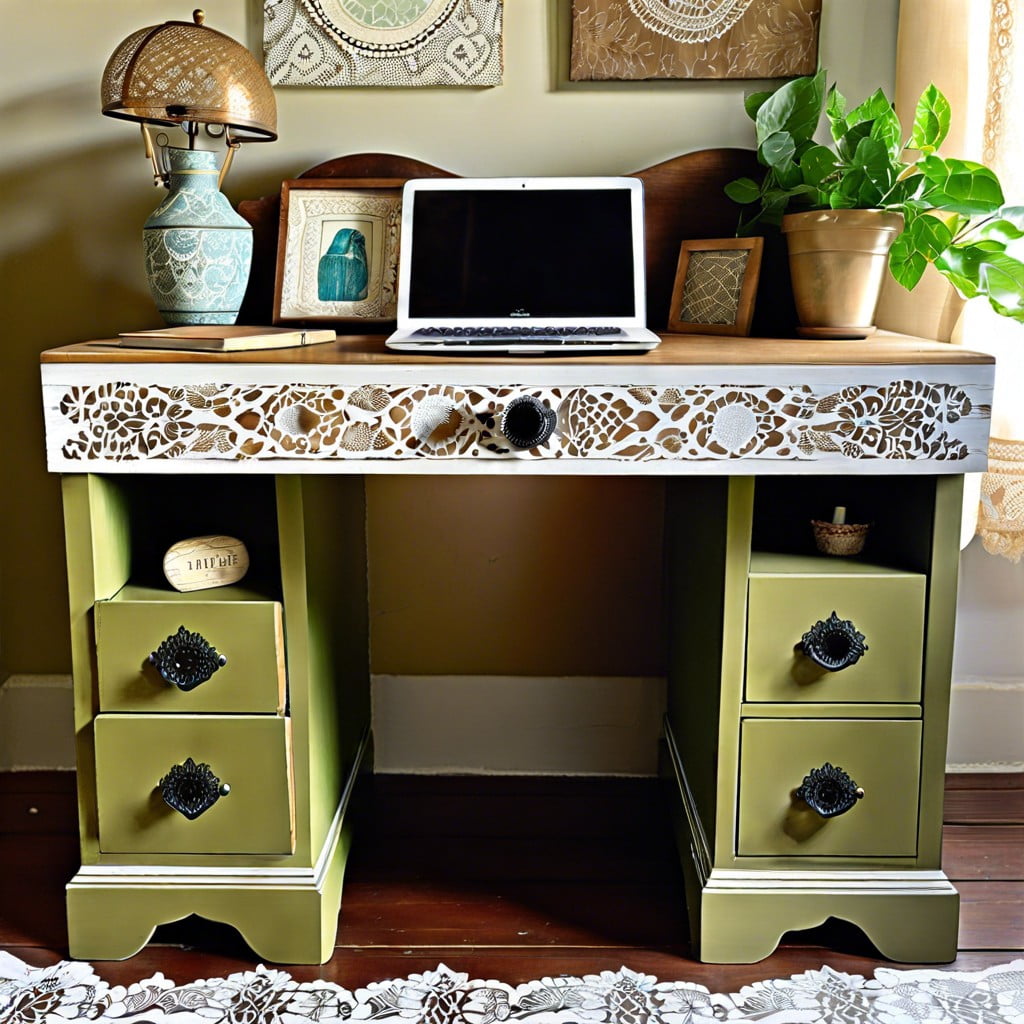 anthropologie inspired vintage desk with a lace stenciled table top