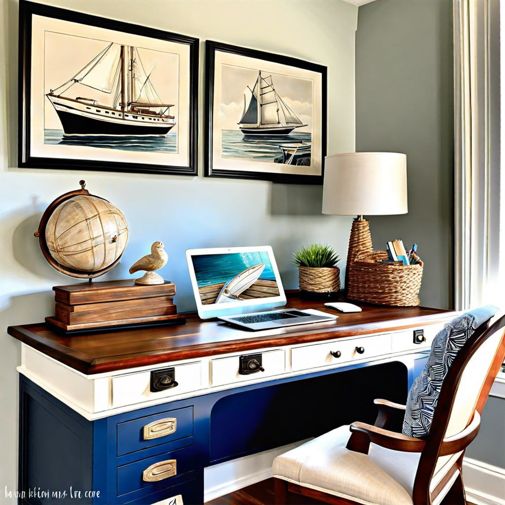 nautical themed vintage boat desk in a coastal home office