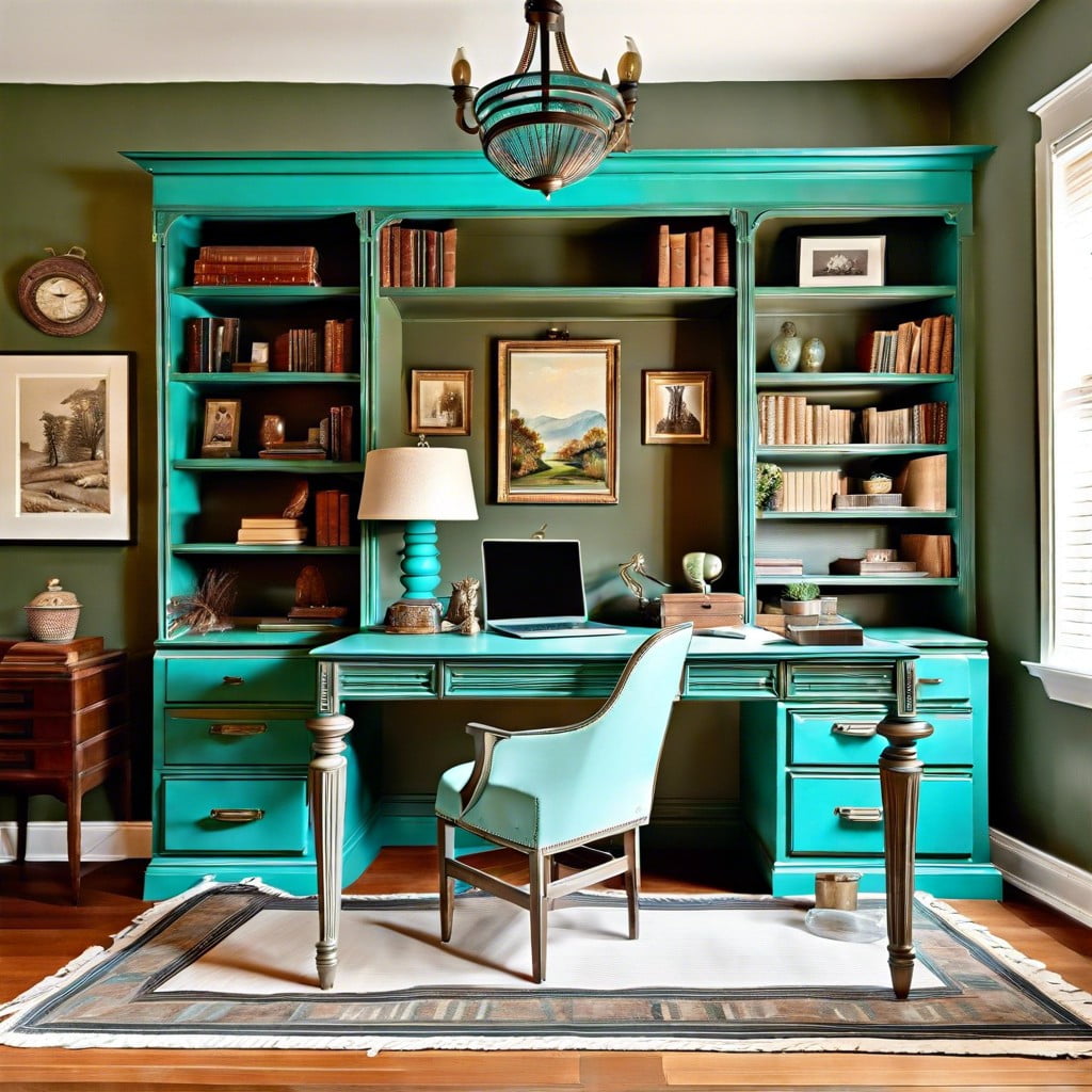 turquoise painted vintage desk paired with muted tones in a home library