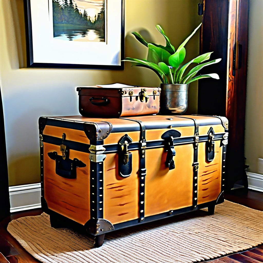 vintage travel trunk repurposed as a writing desk in the living room