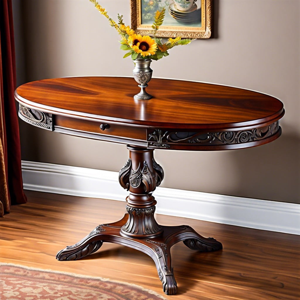 antique oval bistro table with mahogany top and ornate base