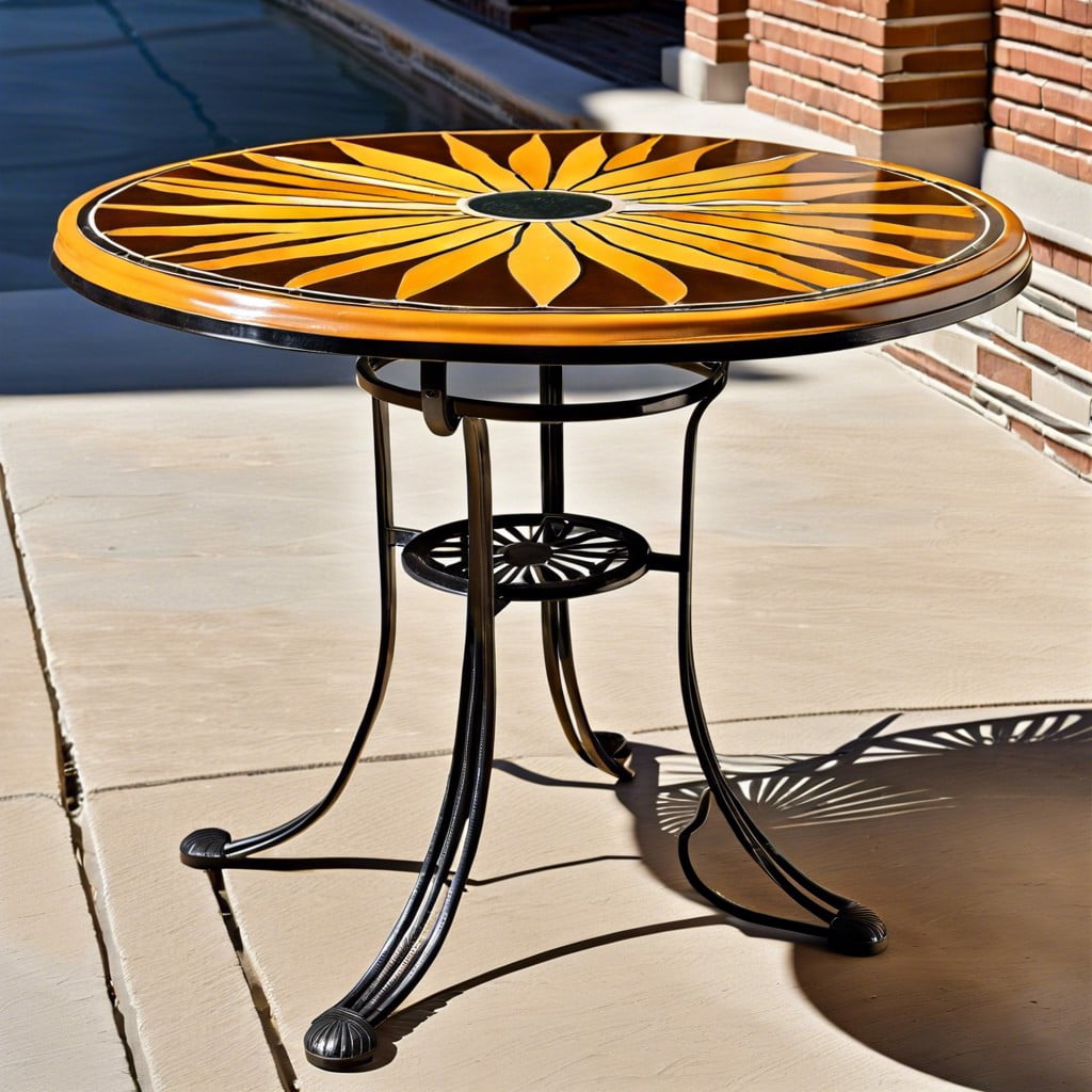 art deco outdoor table with bakelite top and sunburst iron base