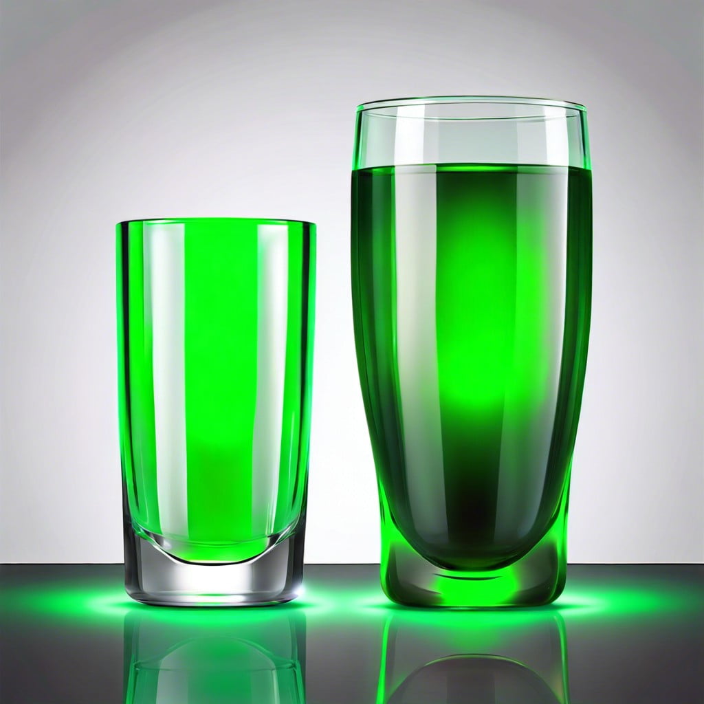 comparing regular glass and green glowing glass