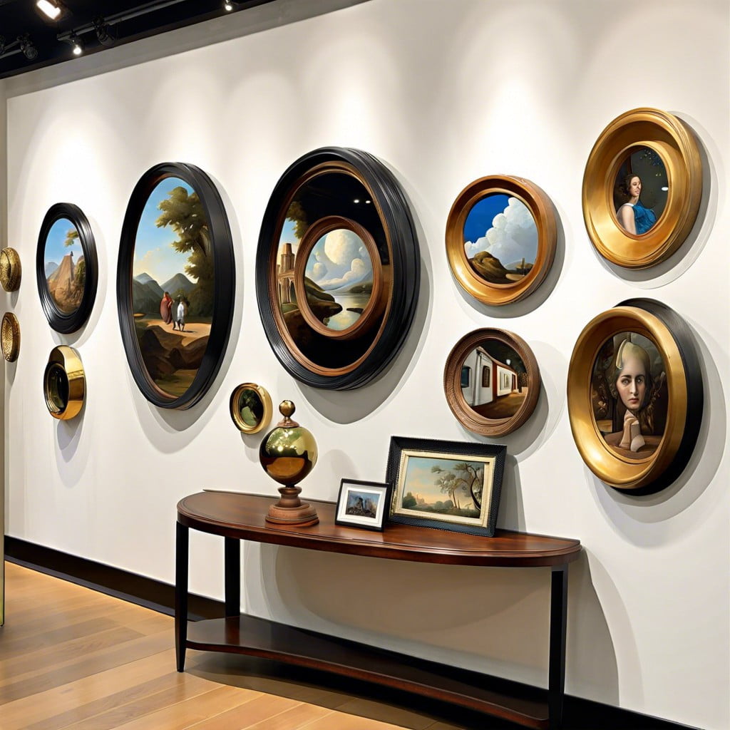 crafting a gallery wall mixing convex mirrors with art pieces