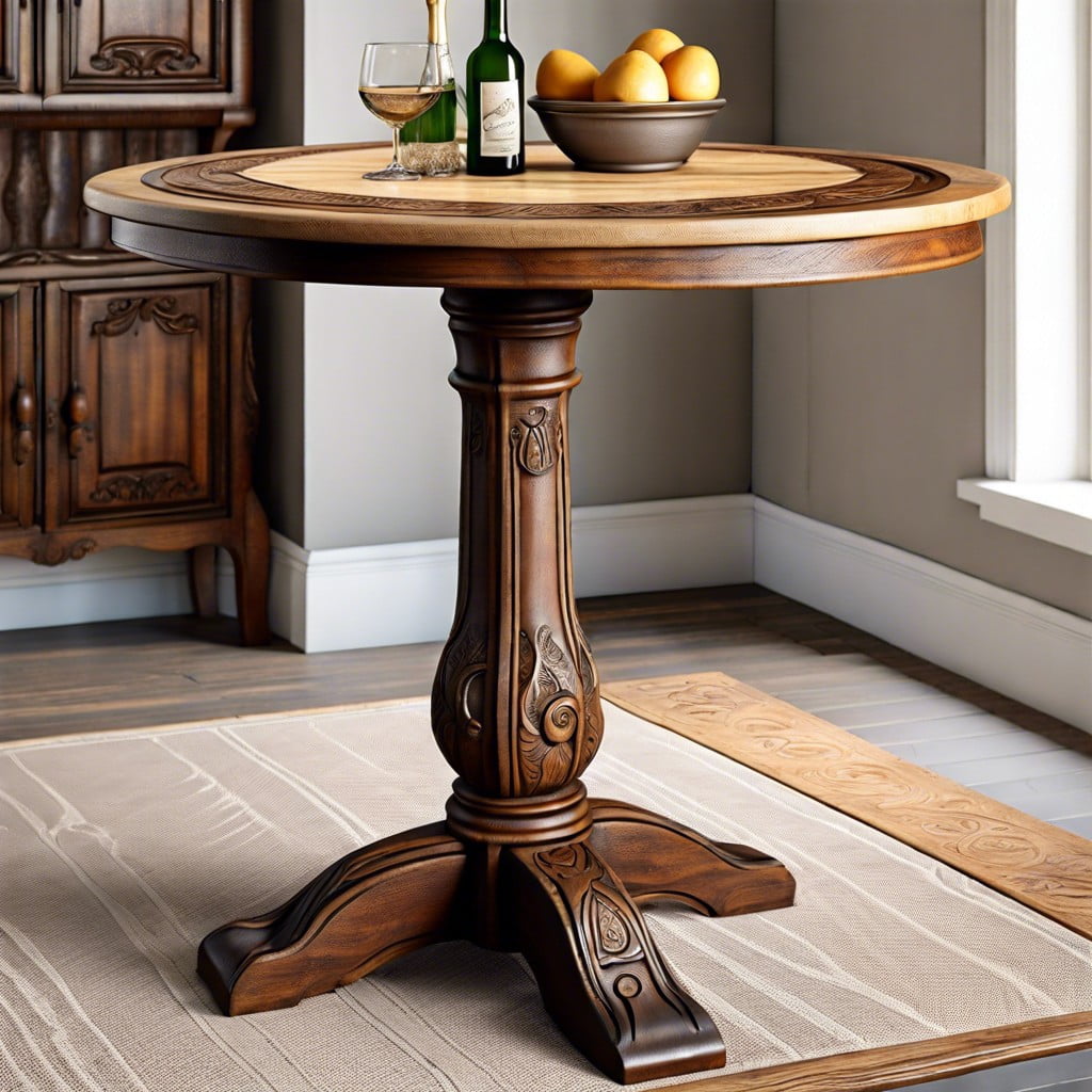 rustic french bistro table with carvings and stained wood