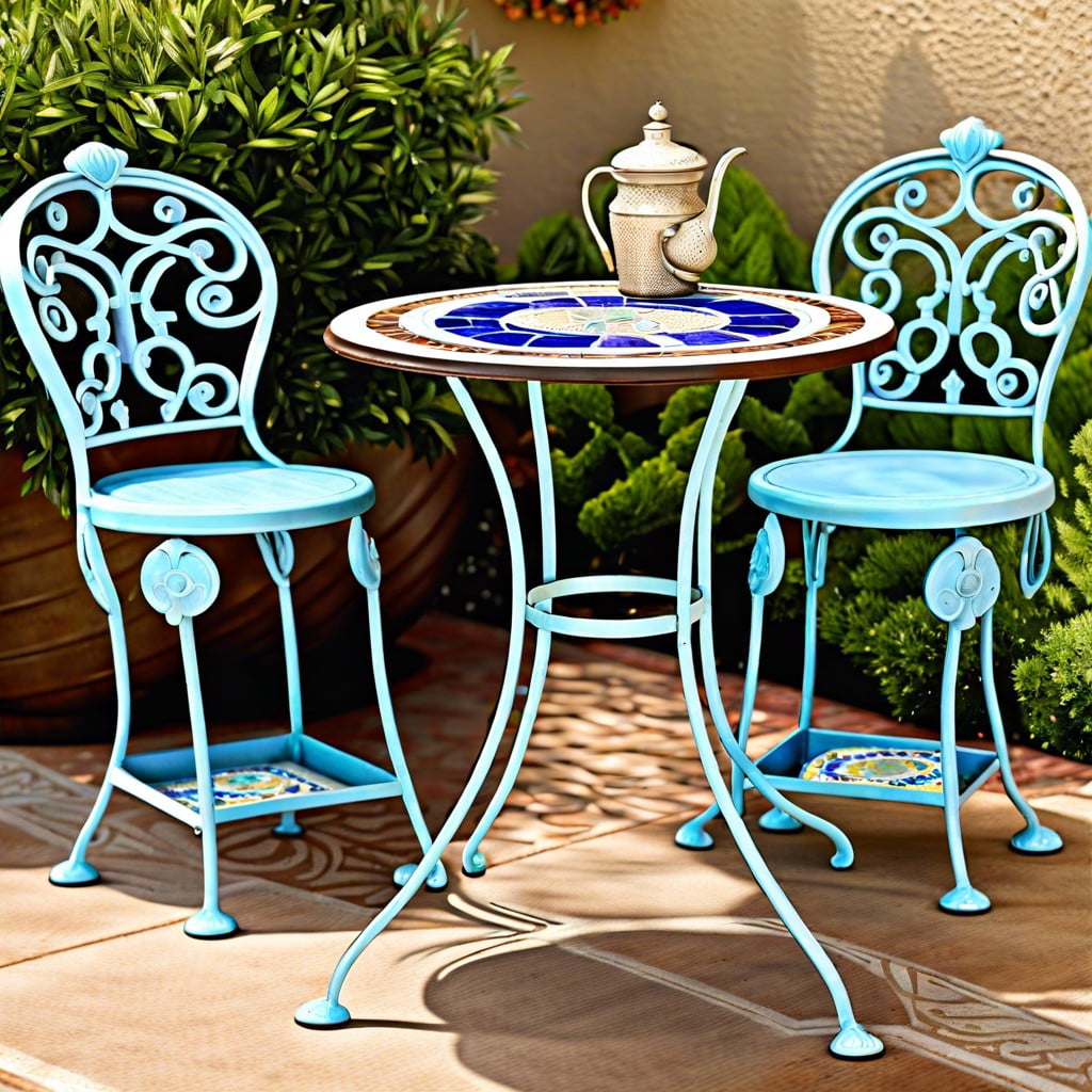 vintage outdoor bistro table with scrollwork base and ceramic mosaic top