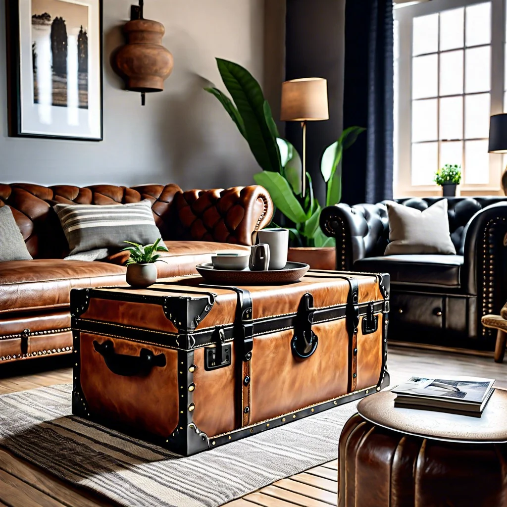 worn leather trunk as a coffee table