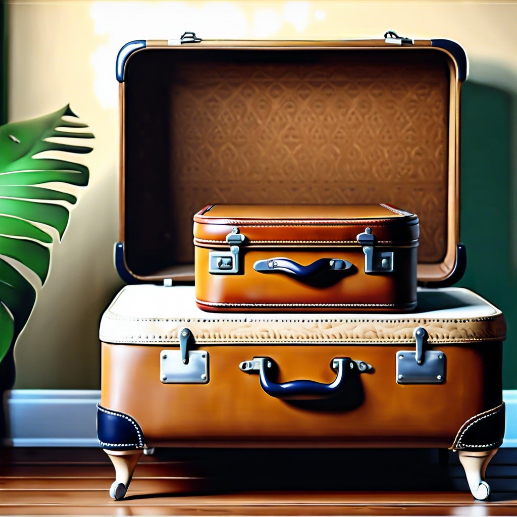 antique luggage with travel stickers as a nightstand