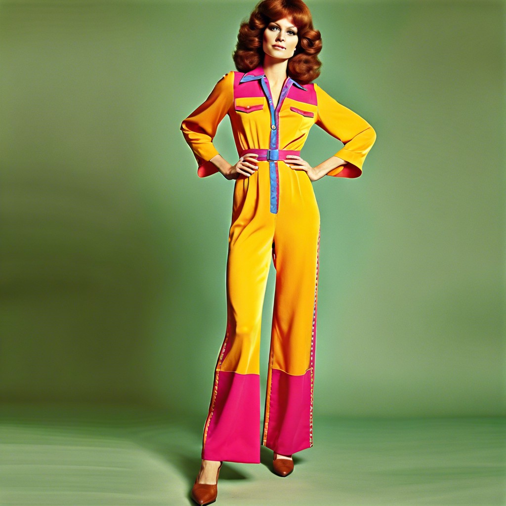 brightly colored polyester jumpsuit with a wide collar