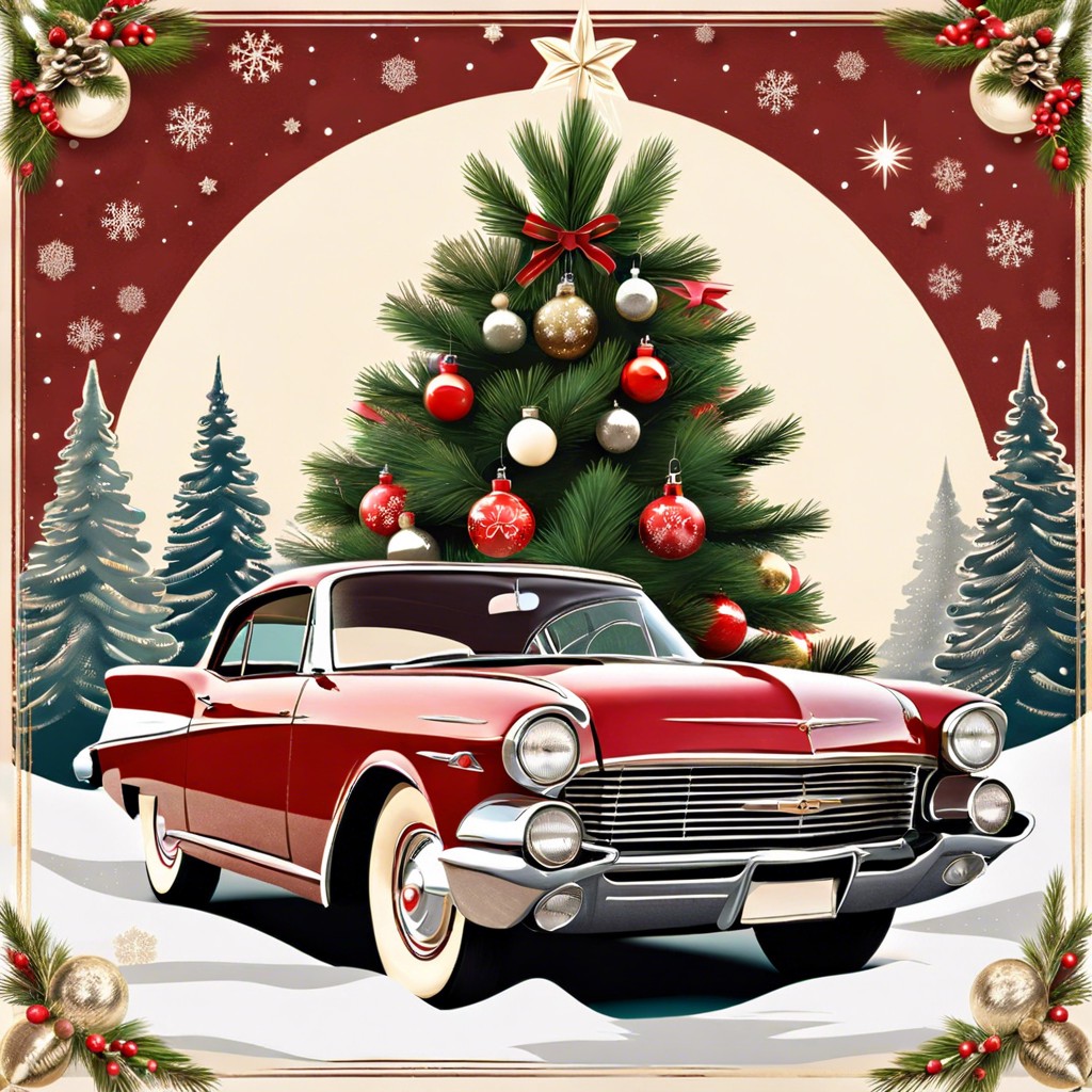 classic car with tree christmas cards