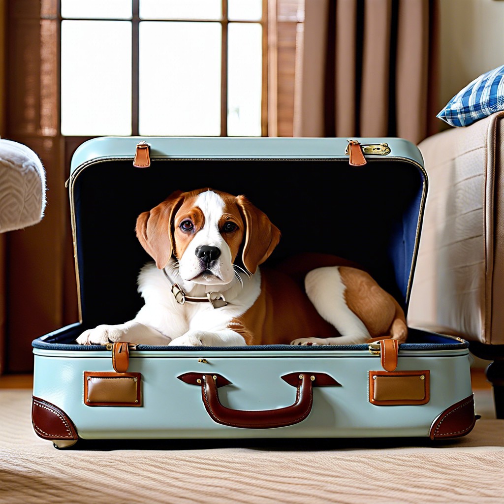 classic suitcases converted into pet beds