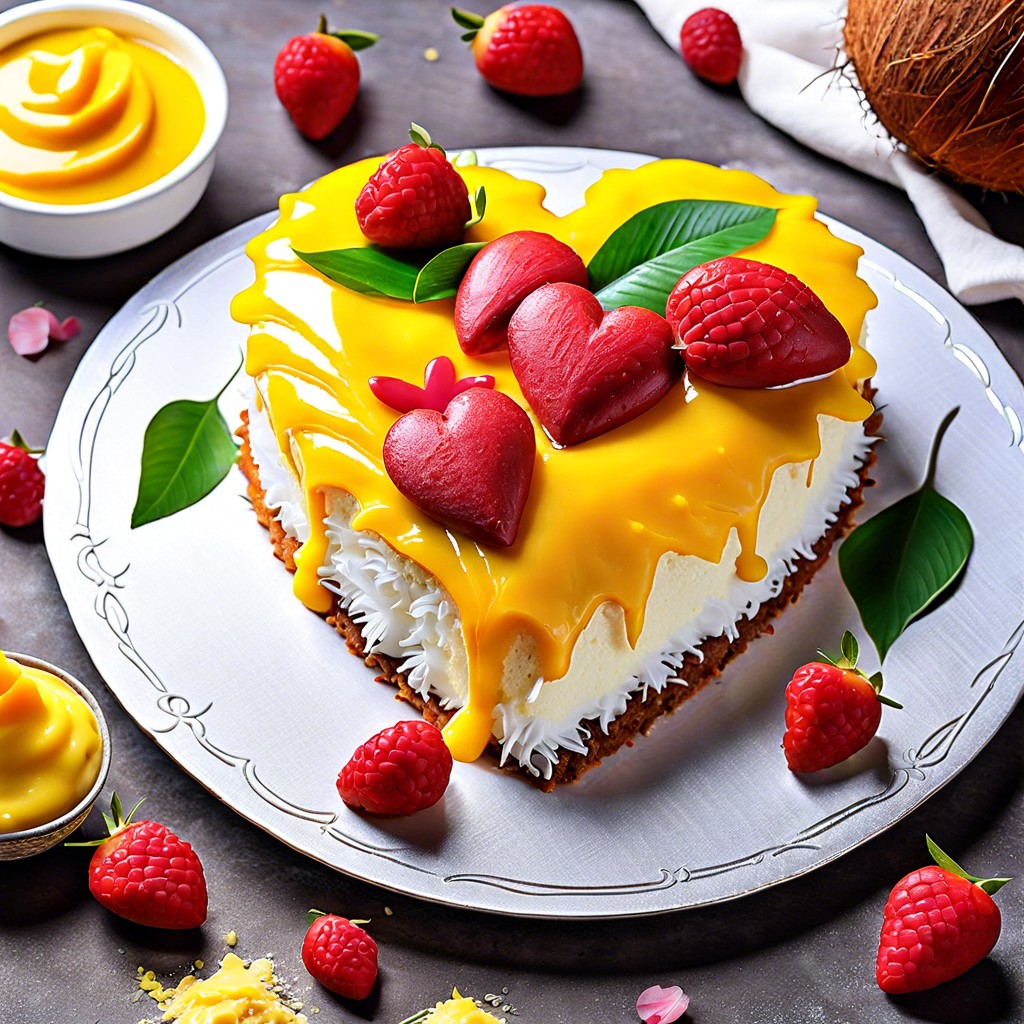 coconut heart cake with a mango curd center