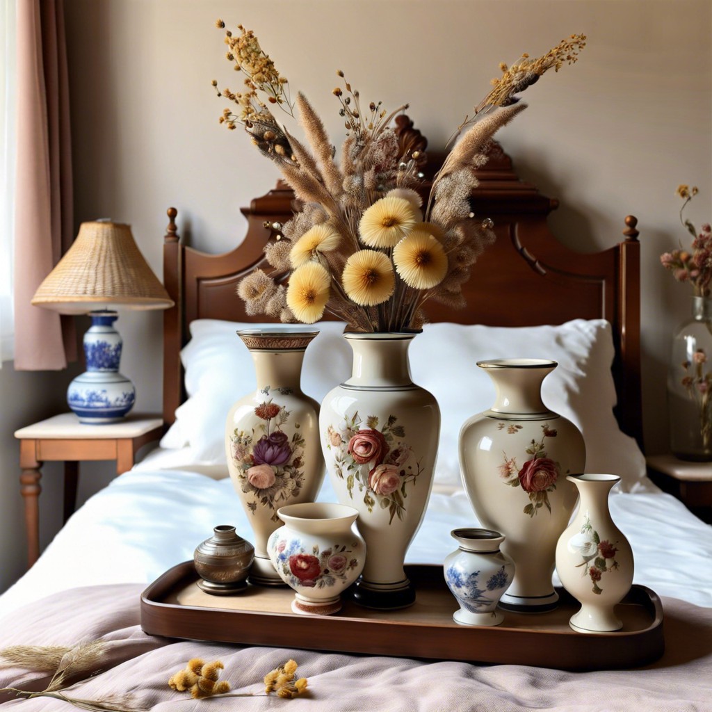 decorate with antique porcelain vases filled with dried flowers