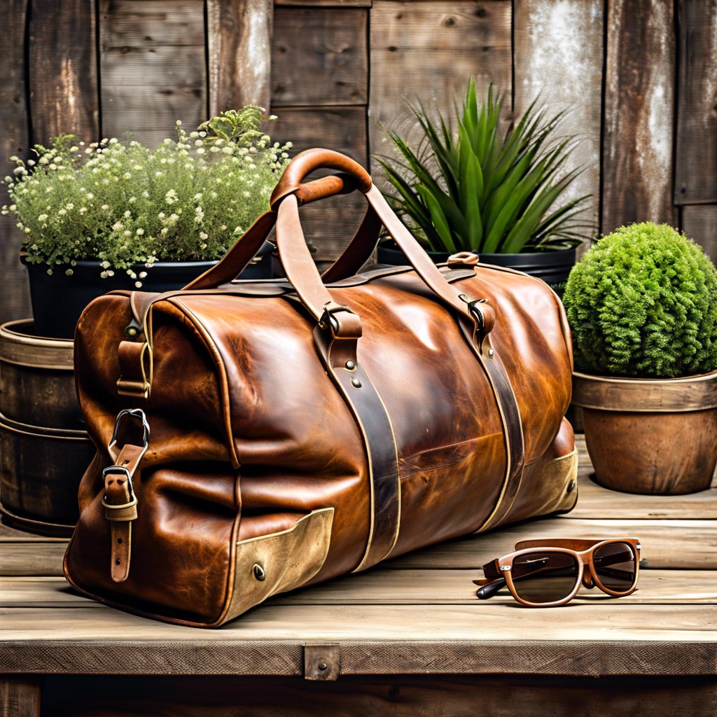 distressed leather duffle bags for rustic planters