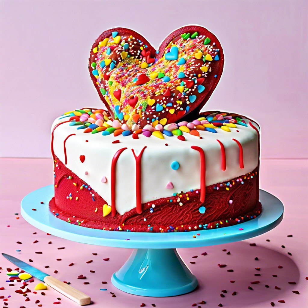 funfetti heart cake with colorful sprinkles inside and out