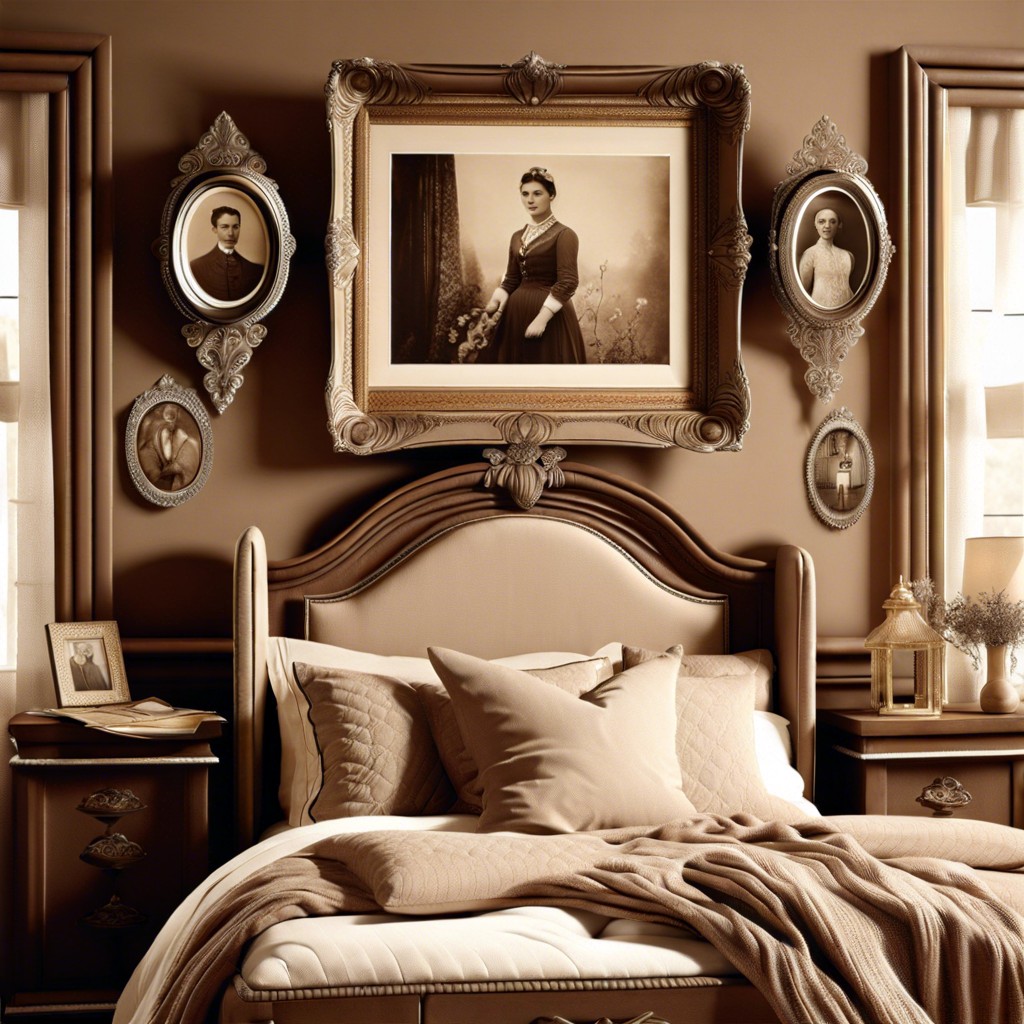 hang sepia toned photographs in ornate frames