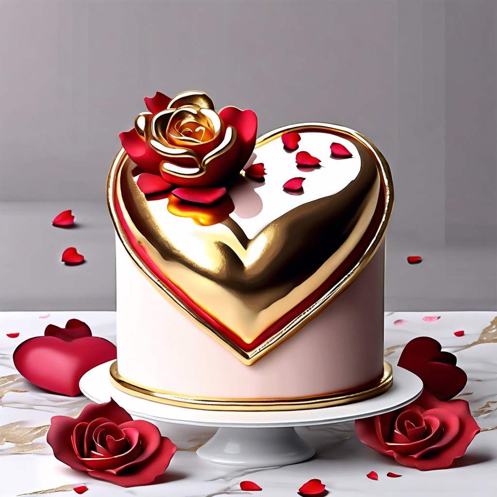 heart cake with rose petals and edible gold leaf