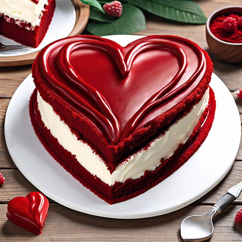 heart shaped red velvet cake with cream cheese frosting