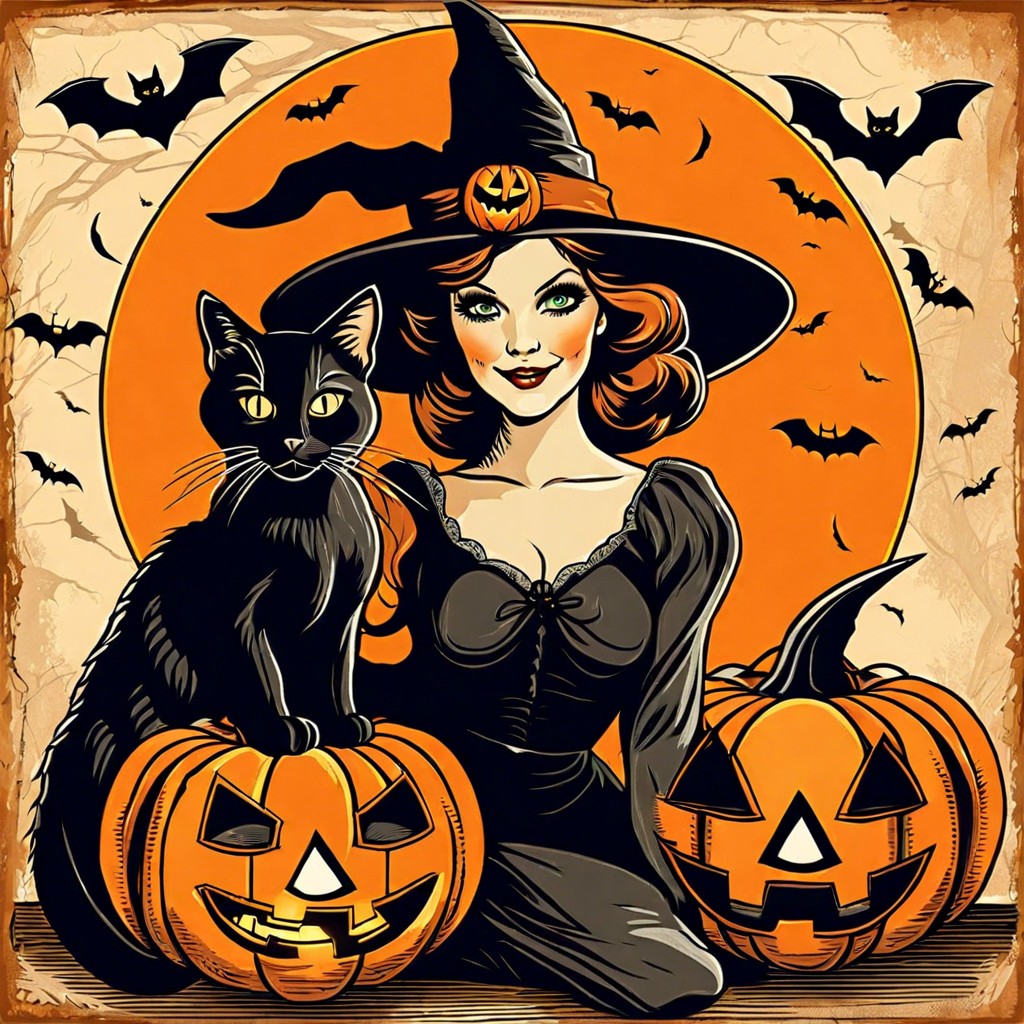 iconic symbols in vintage halloween art witches black cats and jack o lanterns