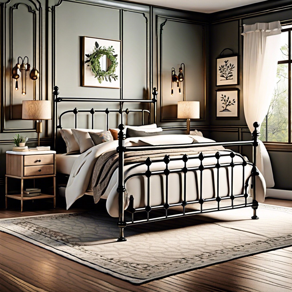 incorporate iron bed frames with intricate headboards