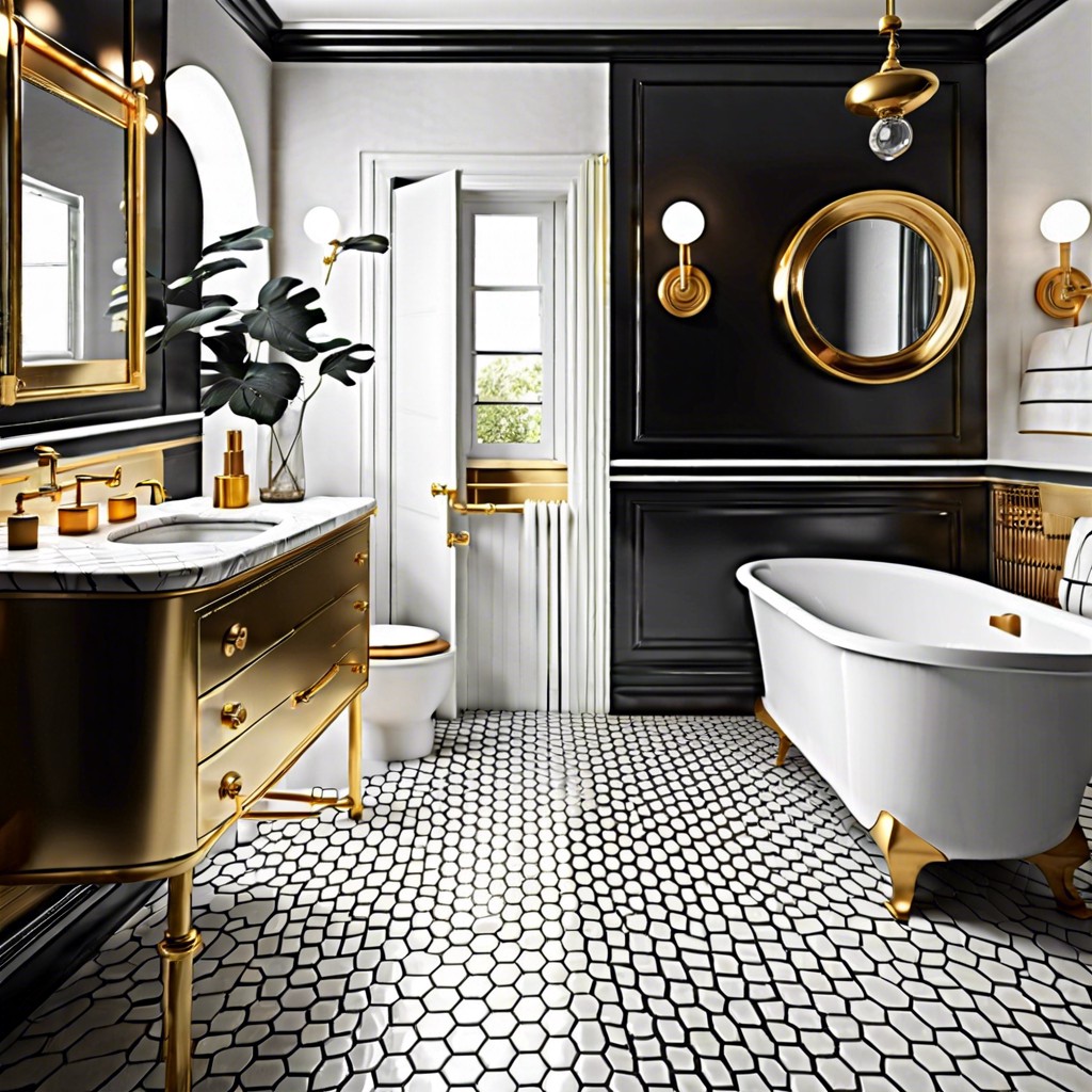 jazz age glamour black and white hexagon tiles with gold accents