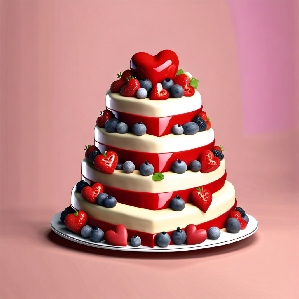 layered heart cake with each tier a different flavor